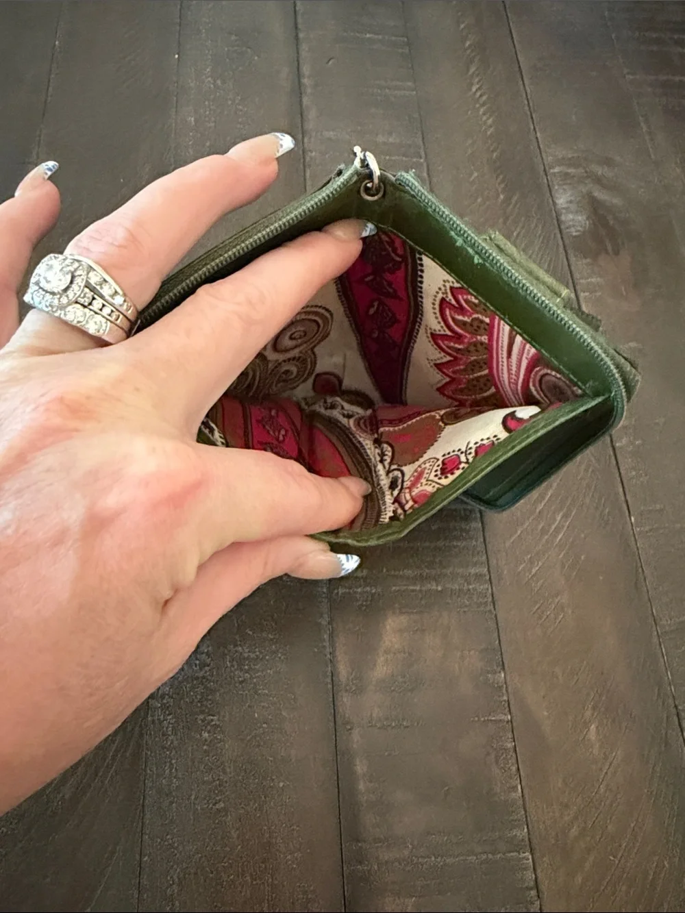 Sophia Visconti Olive Green Zip Wristlet Wallet with Floral ID Sleeve